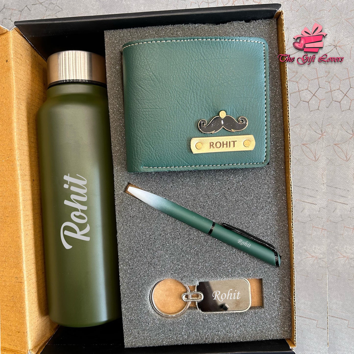 Personalized Bottle, Wallet, Pen & Keychain Gift Set