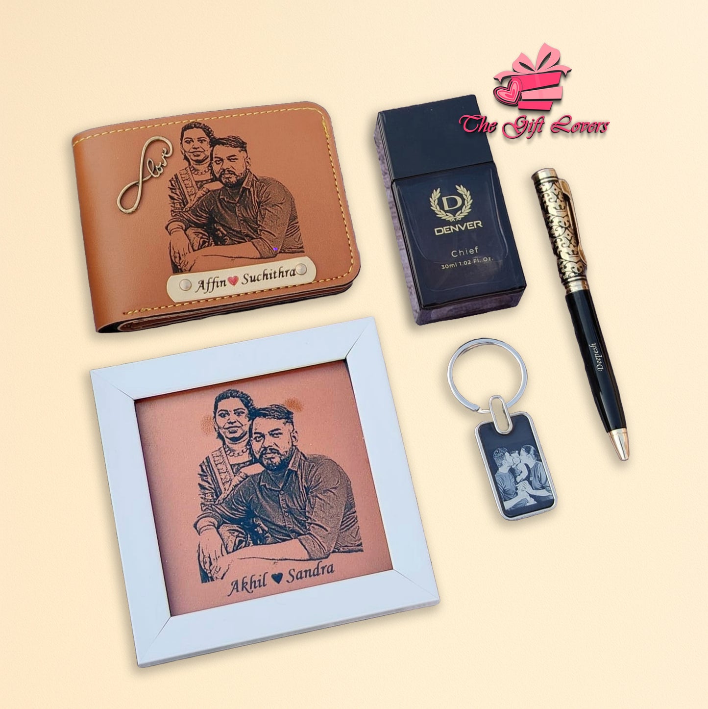Personalized Gift Hamper with Engraved Wallet, Frame, Perfume & Accessories