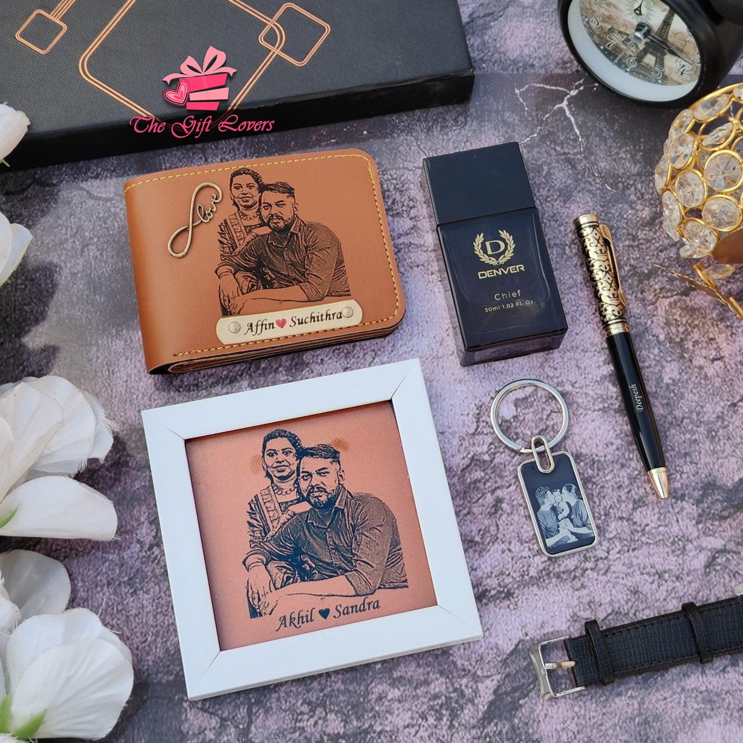 Personalized Gift Hamper with Engraved Wallet, Frame, Perfume & Accessories