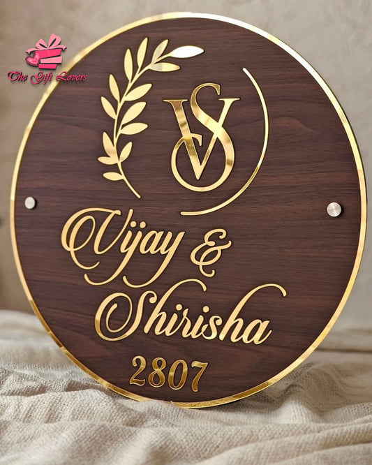 Personalized Couple Name Plate – Round Wooden Design