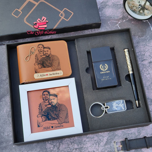 Personalized Gift Hamper with Engraved Wallet, Frame, Perfume & Accessories