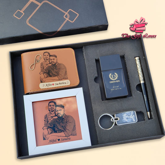 Personalized Gift Hamper with Engraved Wallet, Frame, Perfume & Accessories