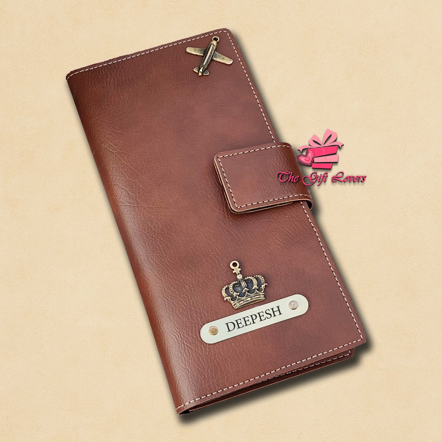 Personalized Leather Travel Wallet with Name Tag & Charms