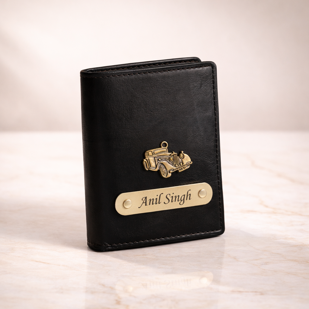 Personalized Leather Wallet for Men with Custom Name Engraving & Metal Charm | Premium Customized Gift for Him