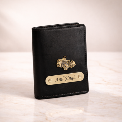 Personalized Leather Wallet for Men with Custom Name Engraving & Metal Charm | Premium Customized Gift for Him