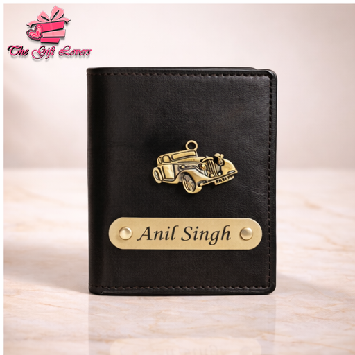 Personalized Leather Wallet for Men with Custom Name Engraving & Metal Charm | Premium Customized Gift for Him