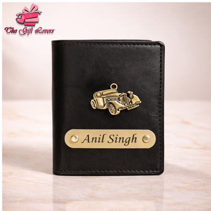 Personalized Leather Wallet for Men with Custom Name Engraving & Metal Charm | Premium Customized Gift for Him