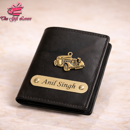 Personalized Leather Wallet for Men with Custom Name Engraving & Metal Charm | Premium Customized Gift for Him