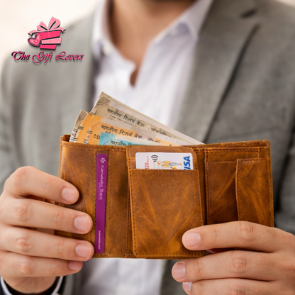 Personalized Leather Wallet for Men with Custom Name Engraving & Metal Charm | Premium Customized Gift for Him