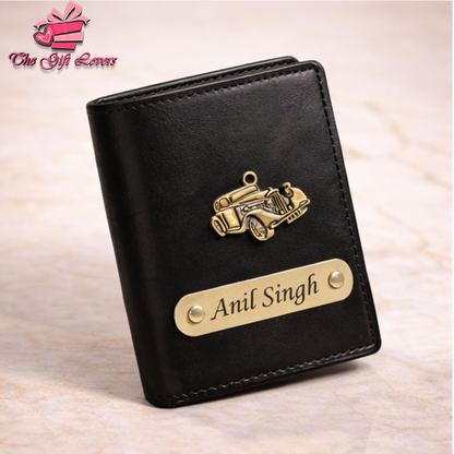 Personalized Leather Wallet for Men with Custom Name Engraving & Metal Charm | Premium Customized Gift for Him