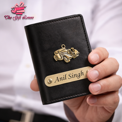 Personalized Leather Wallet for Men with Custom Name Engraving & Metal Charm | Premium Customized Gift for Him