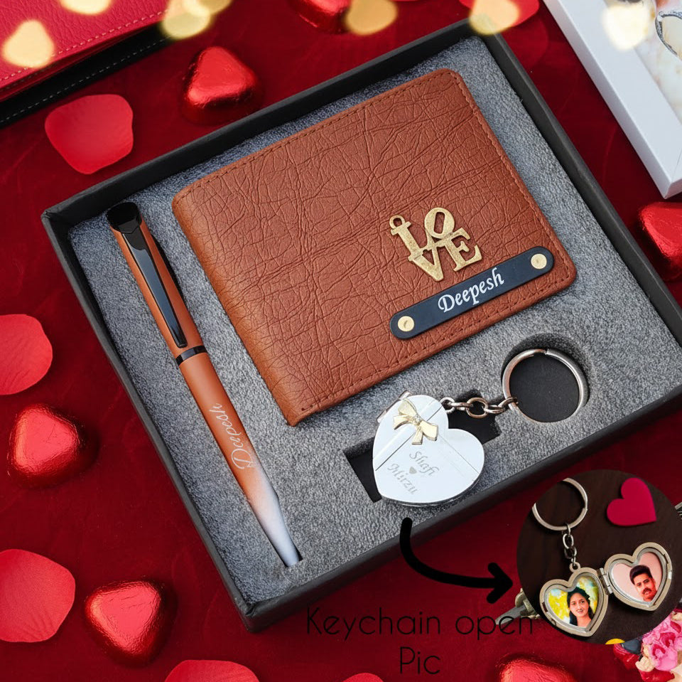 Personalized Valentine Gift Set for Him – Custom Wallet, Pen & Photo Keychain