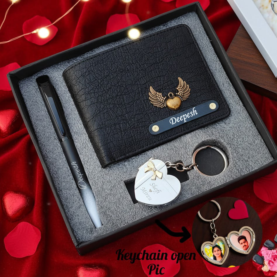 Personalized Valentine Gift Set for Him – Custom Wallet, Pen & Photo Keychain